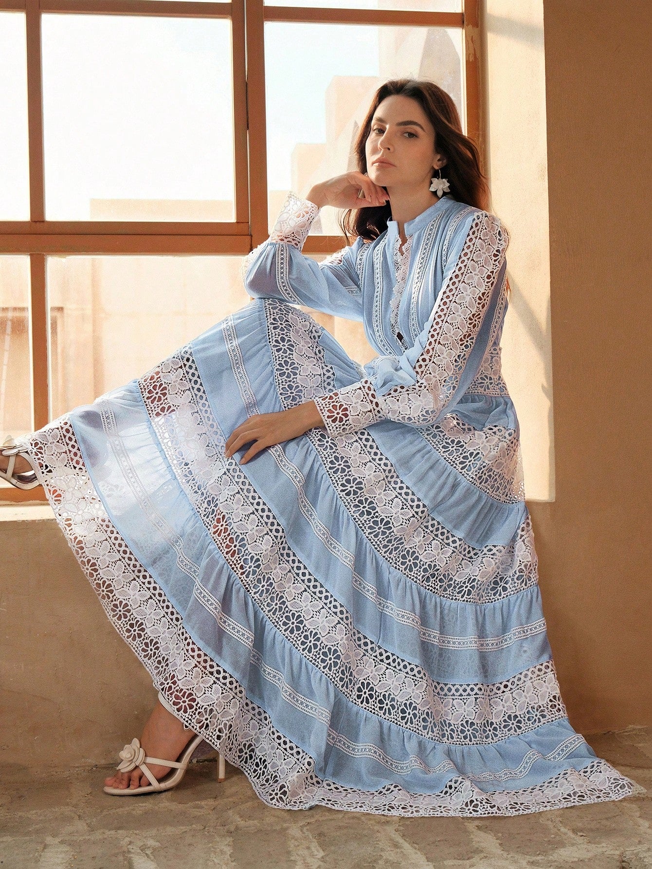 Anewsta Women's Elegant Lace Patchwork Maxi Dress, French Vintage Style, Suitable For Spring, Festival, Holiday