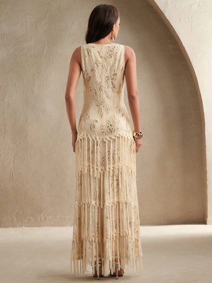 Anewsta Women's Elegant Romantic Embroidered Tassel Fishtail Textured Dress, Suitable For Cocktail Party, Date, Spring/Summer