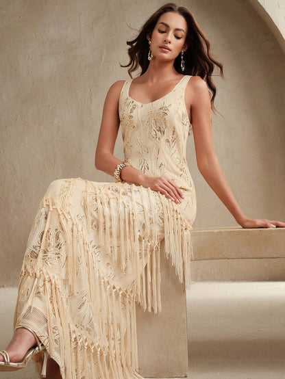 Anewsta Women's Elegant Romantic Embroidered Tassel Fishtail Textured Dress, Suitable For Cocktail Party, Date, Spring/Summer