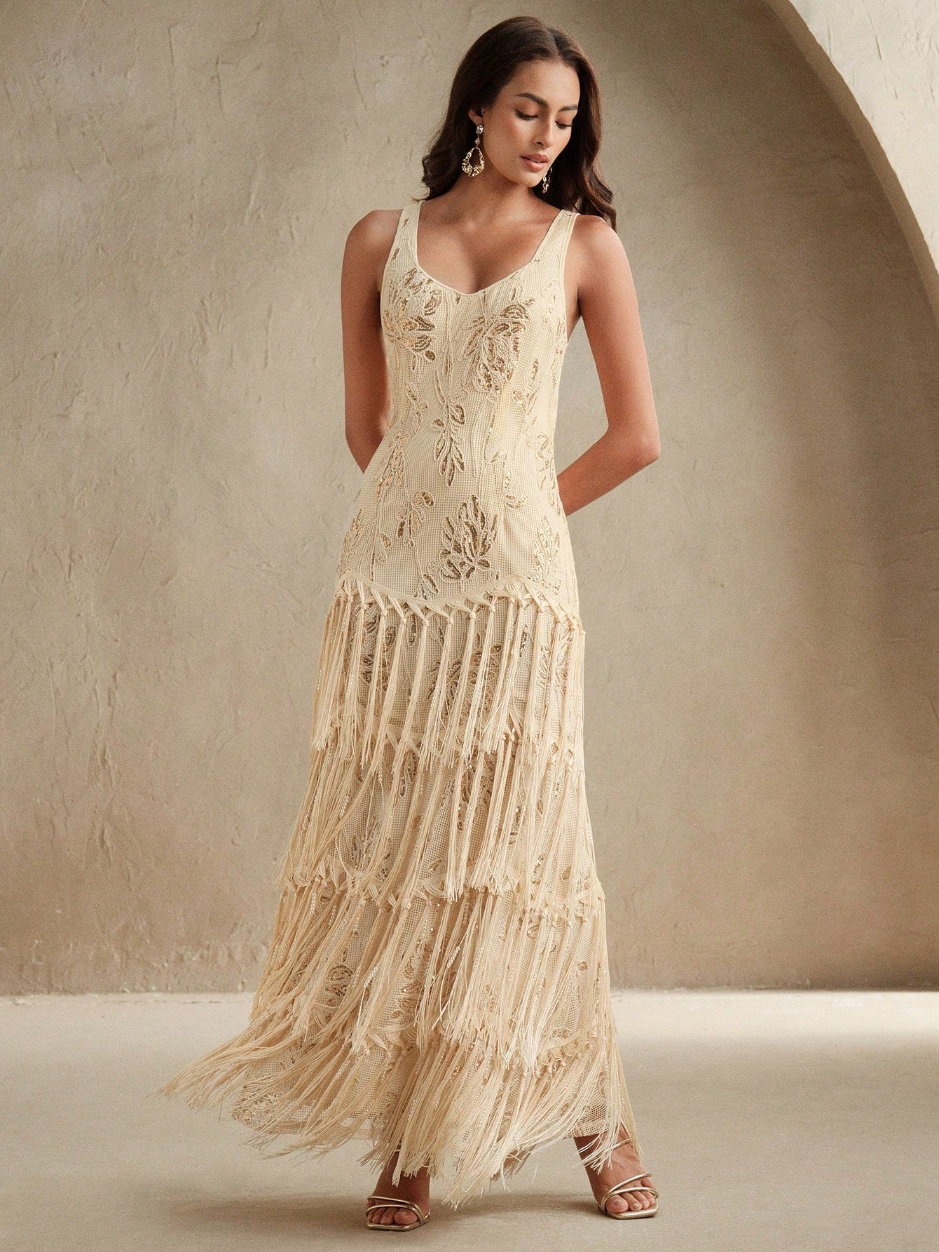 Anewsta Women's Elegant Romantic Embroidered Tassel Fishtail Textured Dress, Suitable For Cocktail Party, Date, Spring/Summer