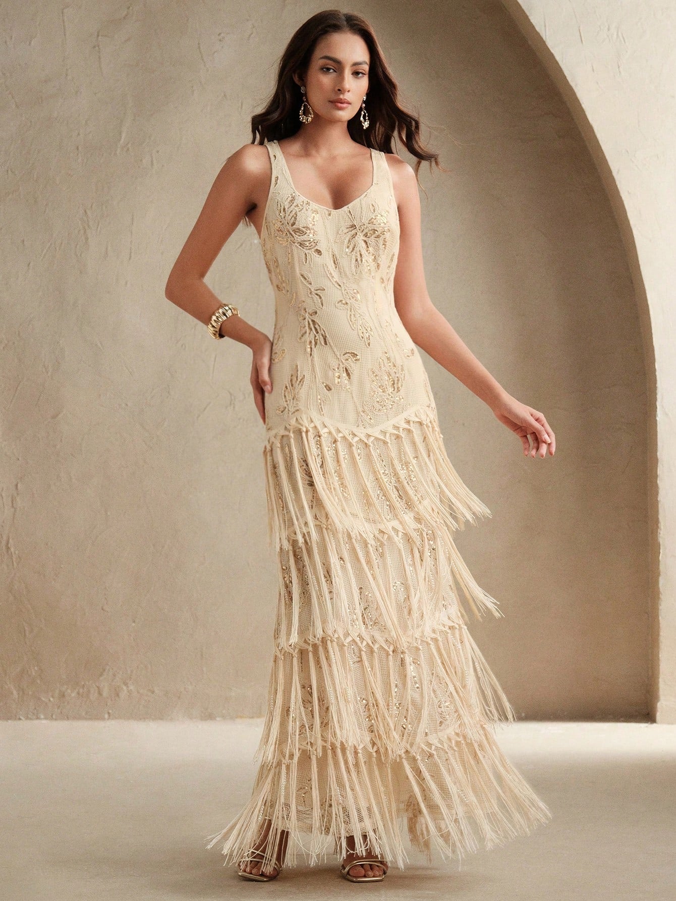 Anewsta Women's Elegant Romantic Embroidered Tassel Fishtail Textured Dress, Suitable For Cocktail Party, Date, Spring/Summer