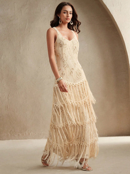 Anewsta Women's Elegant Romantic Embroidered Tassel Fishtail Textured Dress, Suitable For Cocktail Party, Date, Spring/Summer