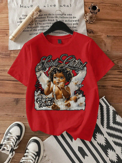 Angel Graphic Saints Global Dreamy Black T- Shirt,Comfortable Casual Short Sleeve, 220 Grams Heavyweight Cotton Printed T-Shirt