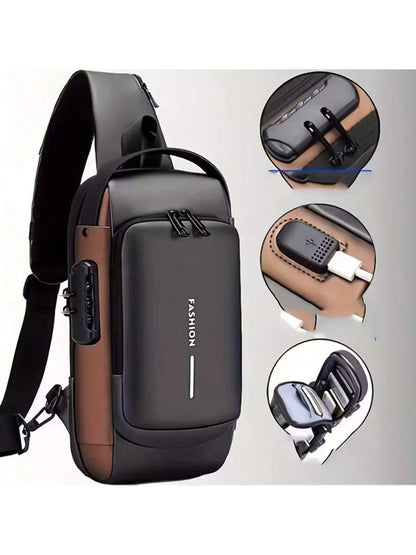 Anti-Theft Password Lock Crossbody Chest Bag For Men, With Anti-Theft Technology And Digital Keypad Lock- Adjustable Strap, Gold-Tone Hardware, Durable Fabric, Zipper Compartments And Port Compatibil