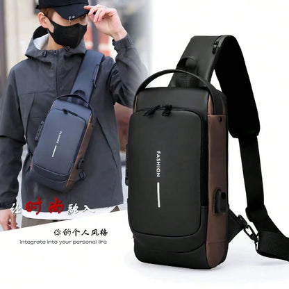 Anti-Theft Password Lock Crossbody Chest Bag For Men, With Anti-Theft Technology And Digital Keypad Lock- Adjustable Strap, Gold-Tone Hardware, Durable Fabric, Zipper Compartments And Port Compatibil