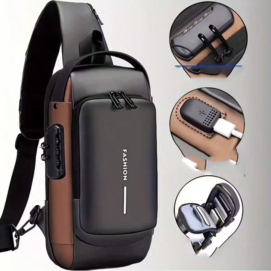 Anti-Theft Password Lock Crossbody Chest Bag For Men, With Anti-Theft Technology And Digital Keypad Lock- Adjustable Strap, Gold-Tone Hardware, Durable Fabric, Zipper Compartments And Port Compatibil