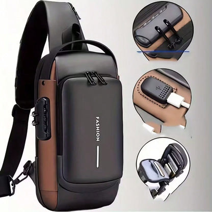 Anti-Theft Password Lock Crossbody Chest Bag For Men, With Anti-Theft Technology And Digital Keypad Lock- Adjustable Strap, Gold-Tone Hardware, Durable Fabric, Zipper Compartments And Port Compatibil