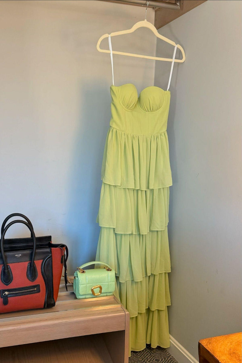 Apple Green Bustier Chiffon Tiered Maxi Dress