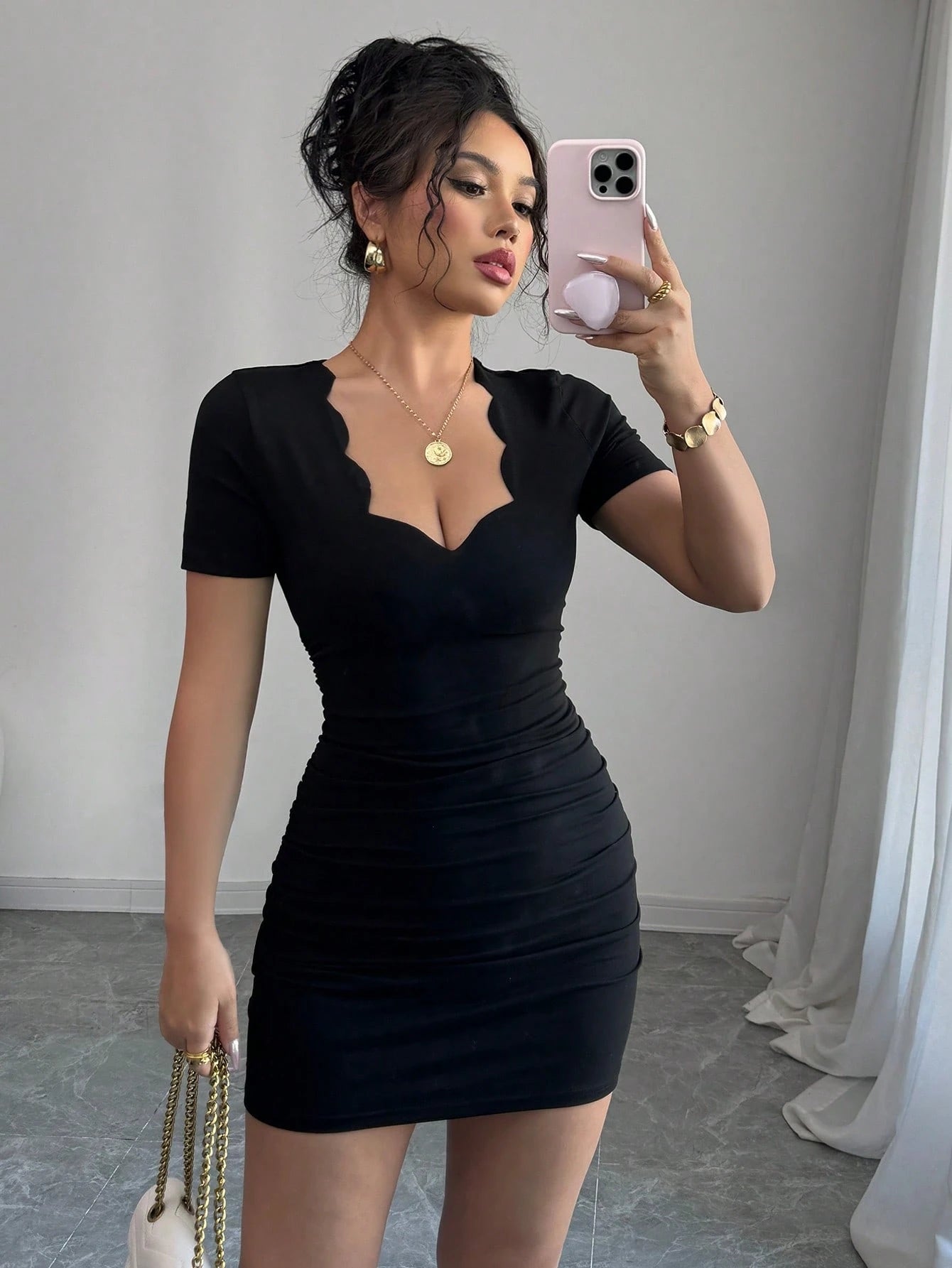 Arcane Artistry Women Elegant Sexy Ruffle Neck Gathered Mini Dress, Summer
