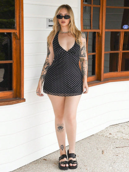 Arliah 1pc Women's Mini Dress, Black V-Neck Romantic Polka Dot Waist Cinched, Suitable For Daily, Commute, Casual, And Date Occasions, Autumn/Winter