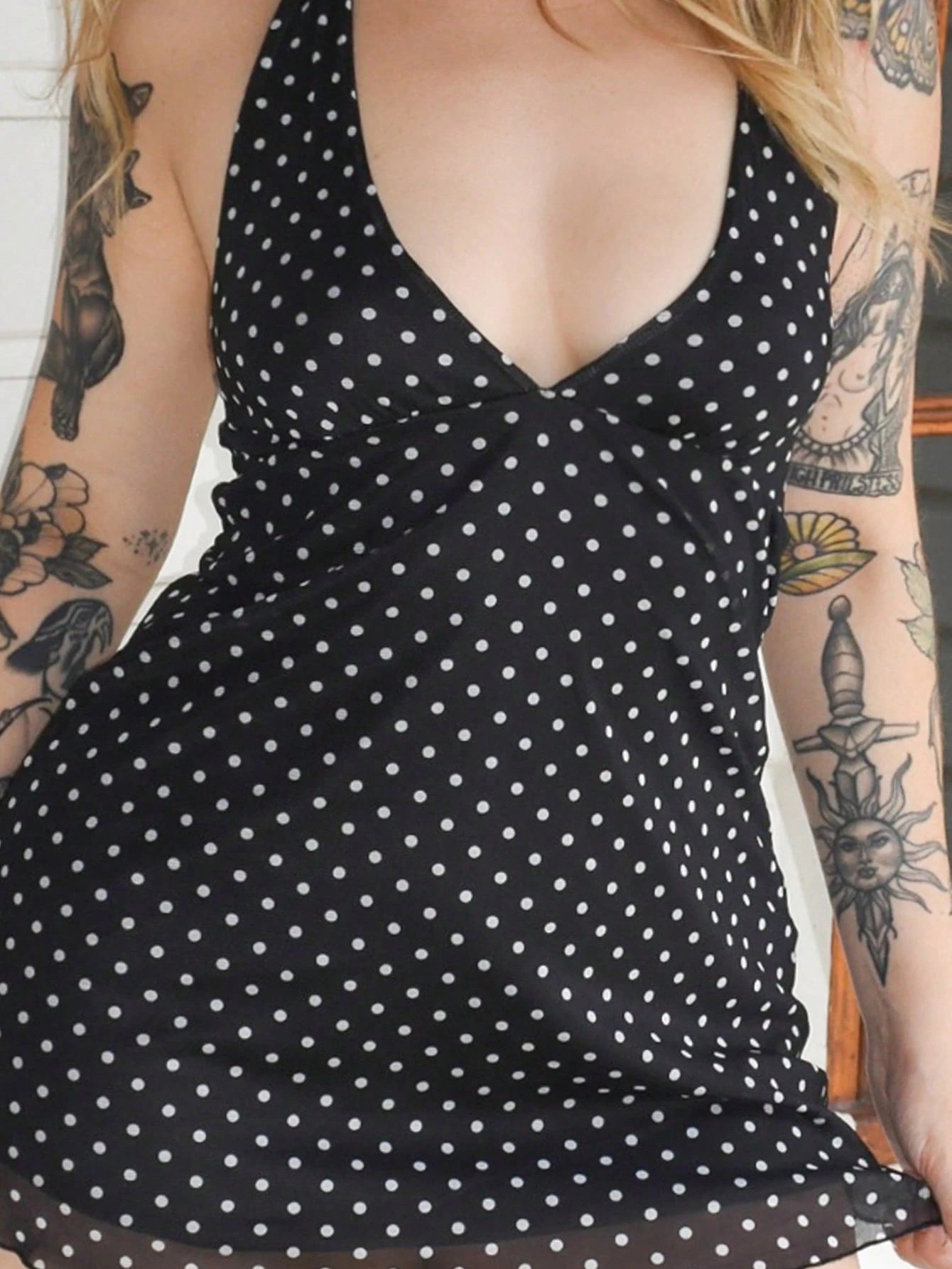 Arliah 1pc Women's Mini Dress, Black V-Neck Romantic Polka Dot Waist Cinched, Suitable For Daily, Commute, Casual, And Date Occasions, Autumn/Winter