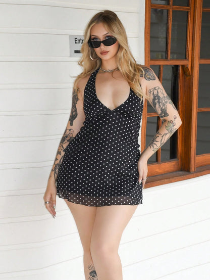 Arliah 1pc Women's Mini Dress, Black V-Neck Romantic Polka Dot Waist Cinched, Suitable For Daily, Commute, Casual, And Date Occasions, Autumn/Winter
