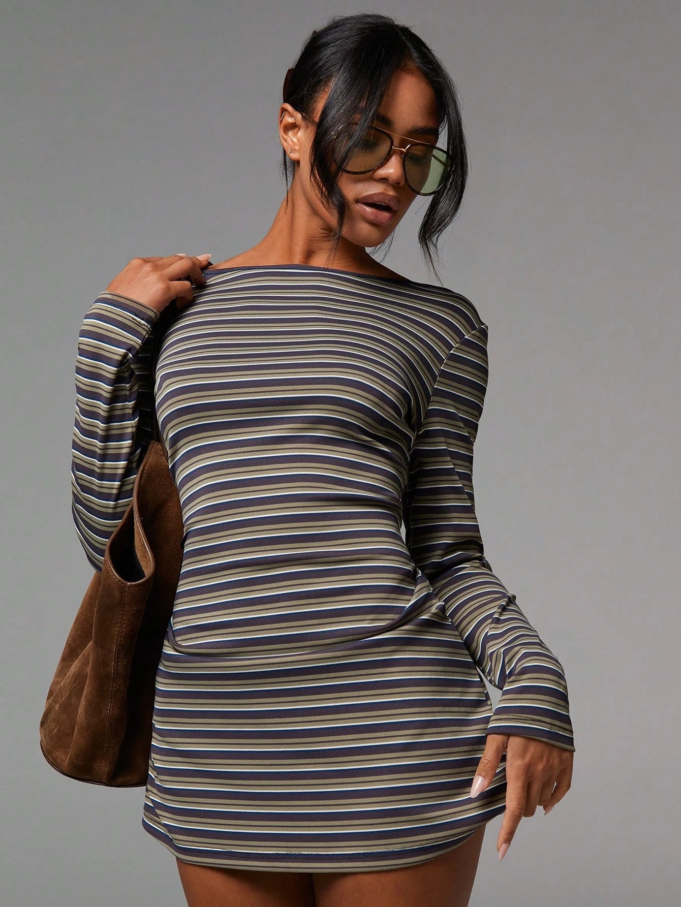 Athîral Women's Casual Striped Print Boat Neck Long Sleeve Mini Dress, Back To School,Going Out Outfits,Western Wear Women,Fall Dresses For Women