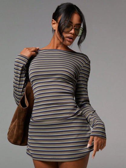 Athîral Women's Casual Striped Print Boat Neck Long Sleeve Mini Dress, Back To School,Going Out Outfits,Western Wear Women,Fall Dresses For Women