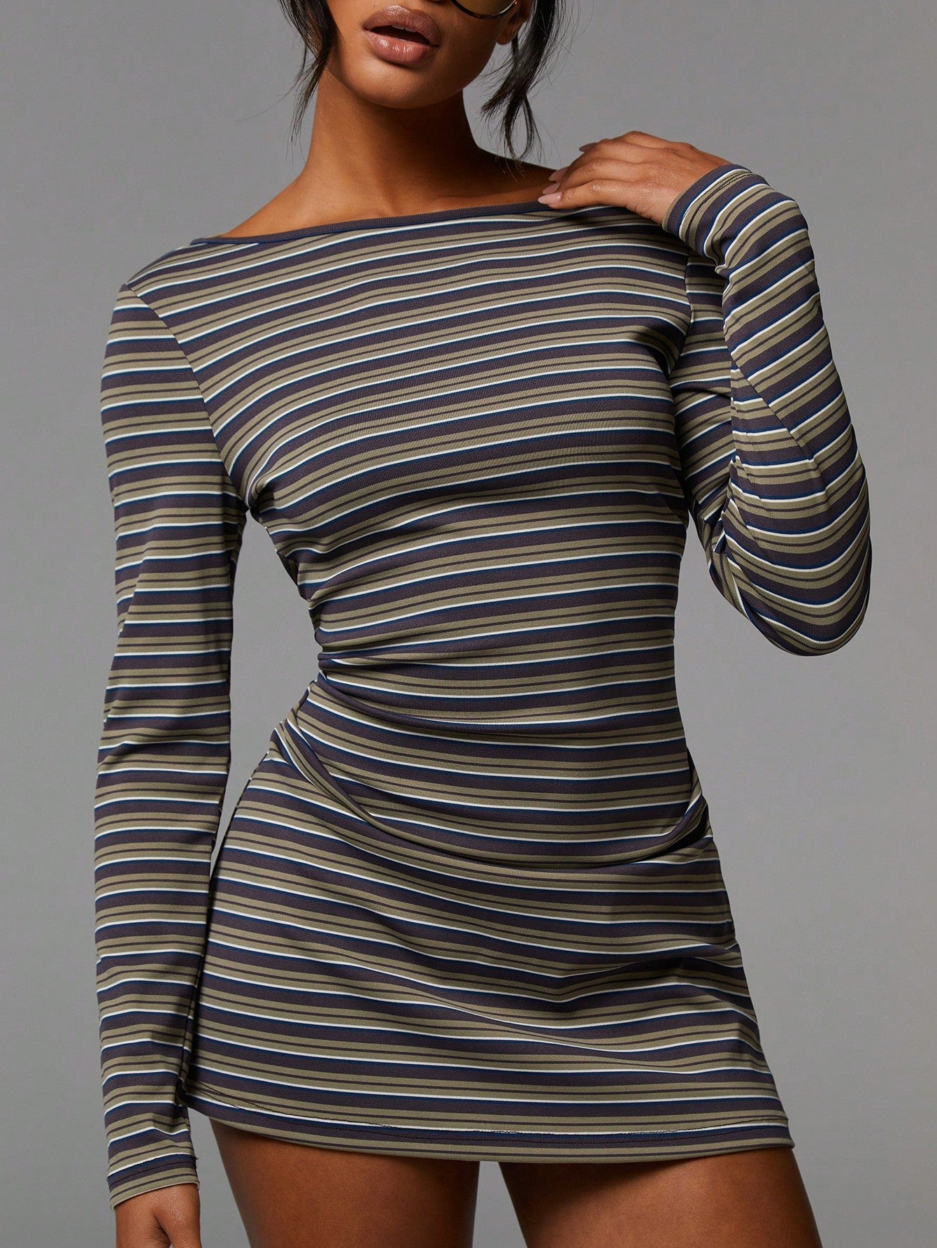 Athîral Women's Casual Striped Print Boat Neck Long Sleeve Mini Dress, Back To School,Going Out Outfits,Western Wear Women,Fall Dresses For Women