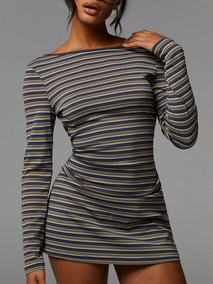 Athîral Women's Casual Striped Print Boat Neck Long Sleeve Mini Dress, Back To School,Going Out Outfits,Western Wear Women,Fall Dresses For Women