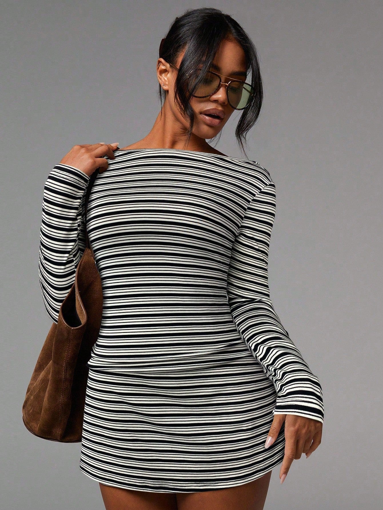 Athîral Women's Casual Striped Print Boat Neck Long Sleeve Mini Dress, Back To School,Going Out Outfits,Western Wear Women,Fall Dresses For Women