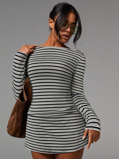Athîral Women's Casual Striped Print Boat Neck Long Sleeve Mini Dress, Back To School,Going Out Outfits,Western Wear Women,Fall Dresses For Women