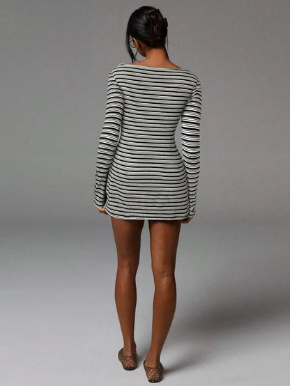 Athîral Women's Casual Striped Print Boat Neck Long Sleeve Mini Dress, Back To School,Going Out Outfits,Western Wear Women,Fall Dresses For Women