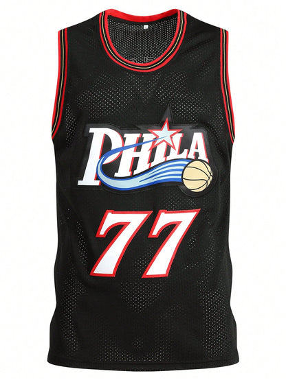 Atonmore Men's Basketball Jersey, No. 77 Black Embroidered Basketball Vest, Sleeveless Casual Sports Shirt