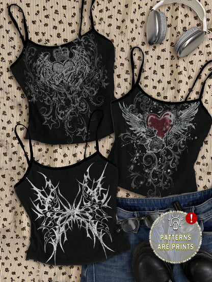 Attitoon 3pcs/Set Women's Punk Cross & Wing Print Tank Top,Black And White,Summer,90s,Elegant,Everyday,Butterfly Love Wings,Y2K Goth Style,Vintage Grunge,Cute
