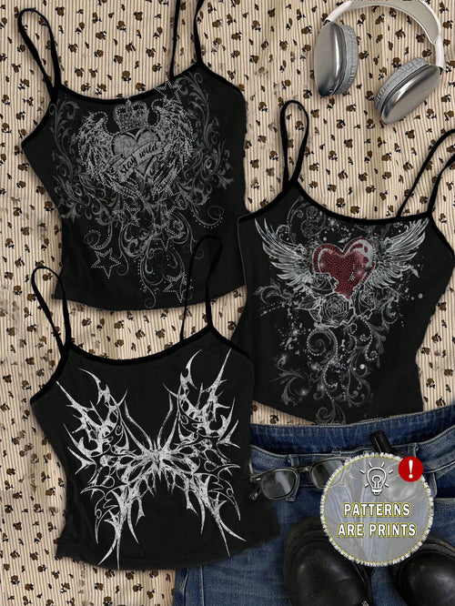 Attitoon 3pcs/Set Women's Punk Cross & Wing Print Tank Top,Black And White,Summer,90s,Elegant,Everyday,Butterfly Love Wings,Y2K Goth Style,Vintage Grunge,Cute