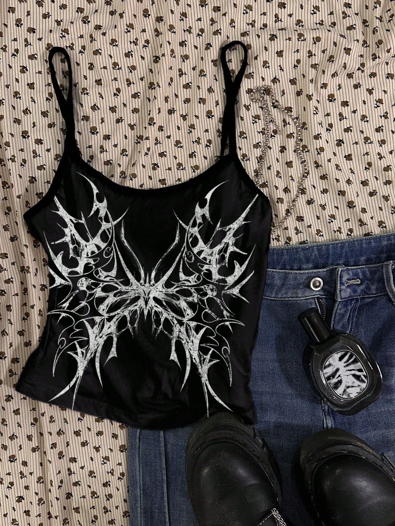 Attitoon 3pcs/Set Women's Punk Cross & Wing Print Tank Top,Black And White,Summer,90s,Elegant,Everyday,Butterfly Love Wings,Y2K Goth Style,Vintage Grunge,Cute