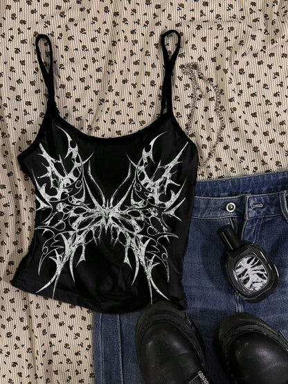 Attitoon 3pcs/Set Women's Punk Cross & Wing Print Tank Top,Black And White,Summer,90s,Elegant,Everyday,Butterfly Love Wings,Y2K Goth Style,Vintage Grunge,Cute
