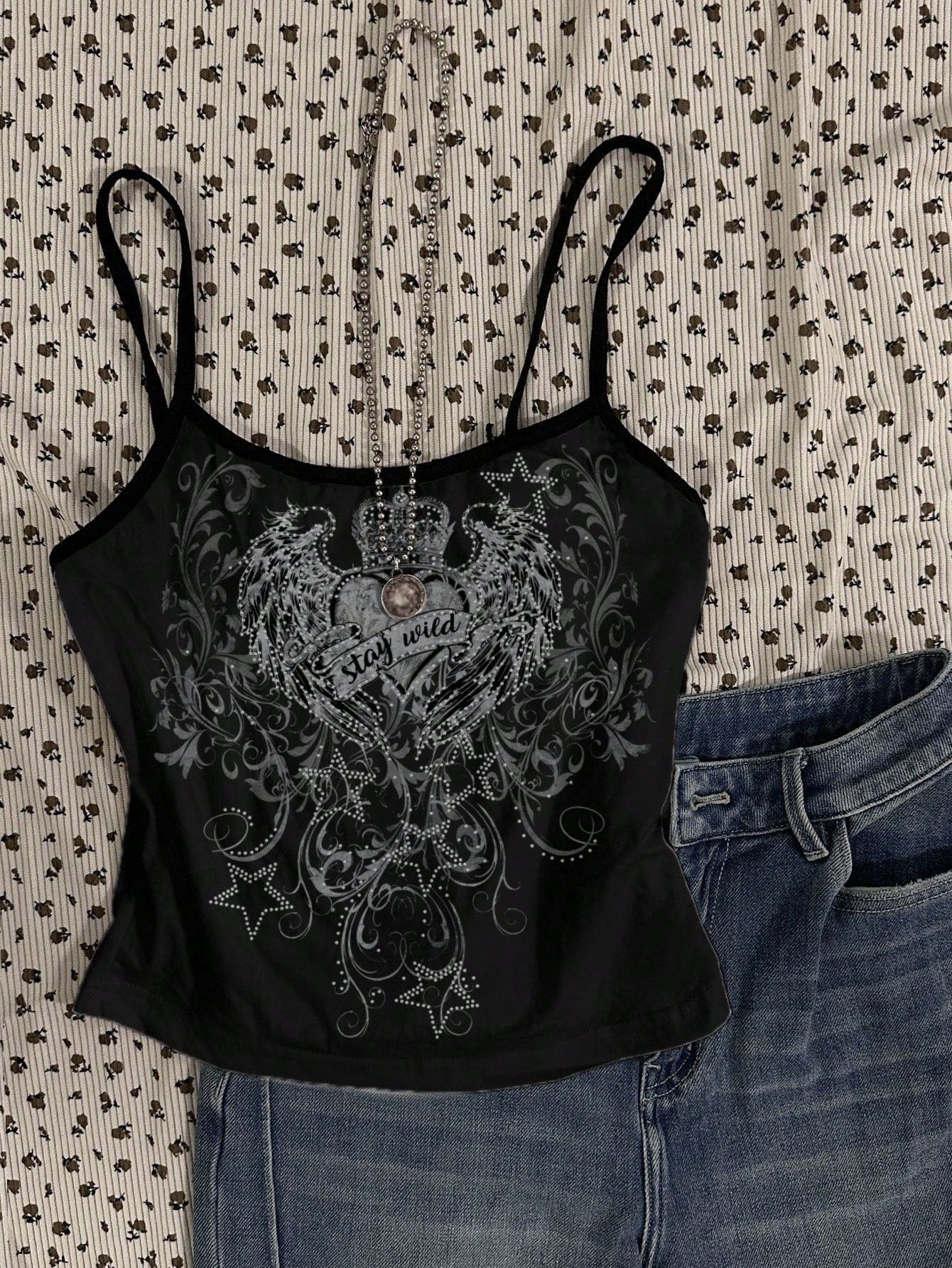 Attitoon 3pcs/Set Women's Punk Cross & Wing Print Tank Top,Black And White,Summer,90s,Elegant,Everyday,Butterfly Love Wings,Y2K Goth Style,Vintage Grunge,Cute