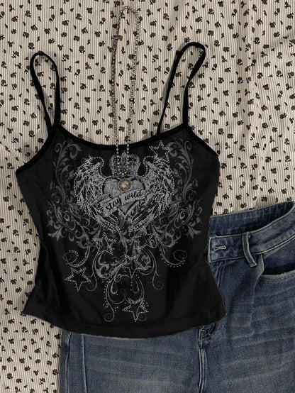 Attitoon 3pcs/Set Women's Punk Cross & Wing Print Tank Top,Black And White,Summer,90s,Elegant,Everyday,Butterfly Love Wings,Y2K Goth Style,Vintage Grunge,Cute