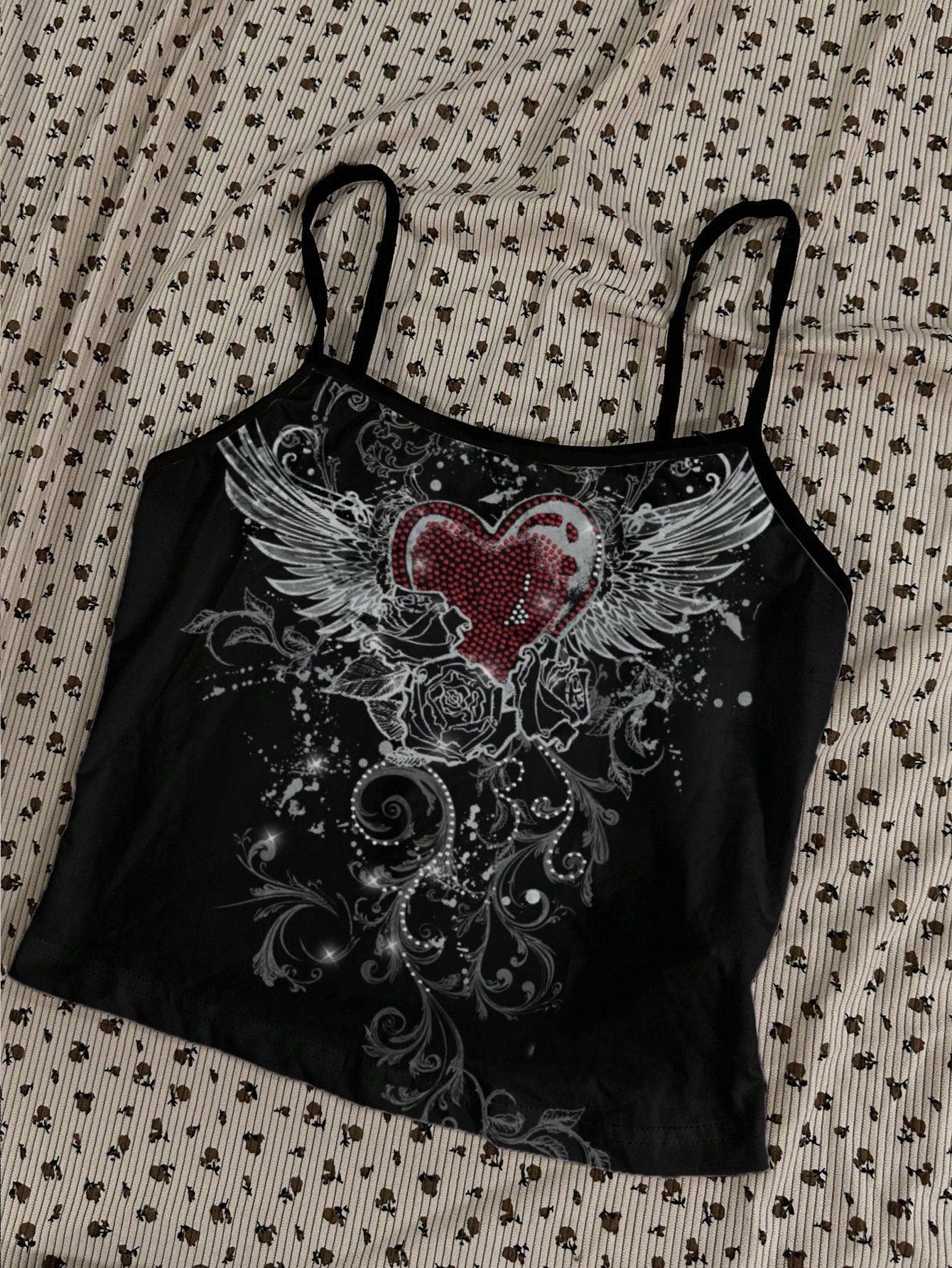 Attitoon 3pcs/Set Women's Punk Cross & Wing Print Tank Top,Black And White,Summer,90s,Elegant,Everyday,Butterfly Love Wings,Y2K Goth Style,Vintage Grunge,Cute