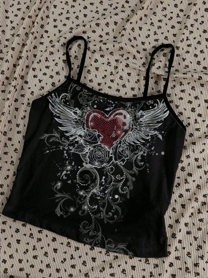 Attitoon 3pcs/Set Women's Punk Cross & Wing Print Tank Top,Black And White,Summer,90s,Elegant,Everyday,Butterfly Love Wings,Y2K Goth Style,Vintage Grunge,Cute