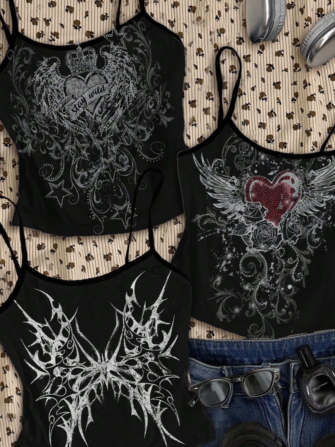 Attitoon 3pcs/Set Women's Punk Cross & Wing Print Tank Top,Black And White,Summer,90s,Elegant,Everyday,Butterfly Love Wings,Y2K Goth Style,Vintage Grunge,Cute