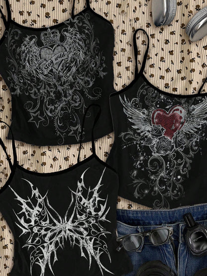 Attitoon 3pcs/Set Women's Punk Cross & Wing Print Tank Top,Black And White,Summer,90s,Elegant,Everyday,Butterfly Love Wings,Y2K Goth Style,Vintage Grunge,Cute