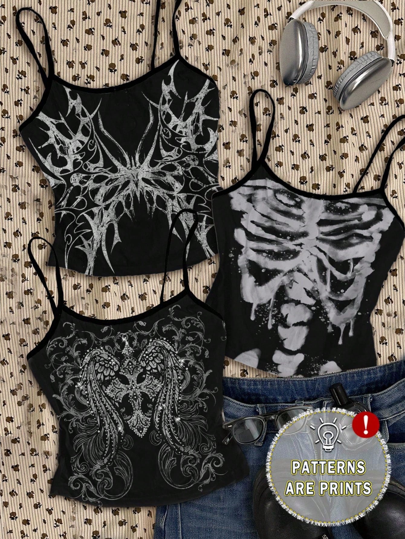 Attitoon Grunge Style Butterfly Cross Wings Skull Print Plus Size Camisole Top, Suitable For Music Festival, Halloween
