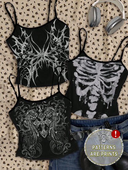 Attitoon Grunge Style Butterfly Cross Wings Skull Print Plus Size Camisole Top, Suitable For Music Festival, Halloween