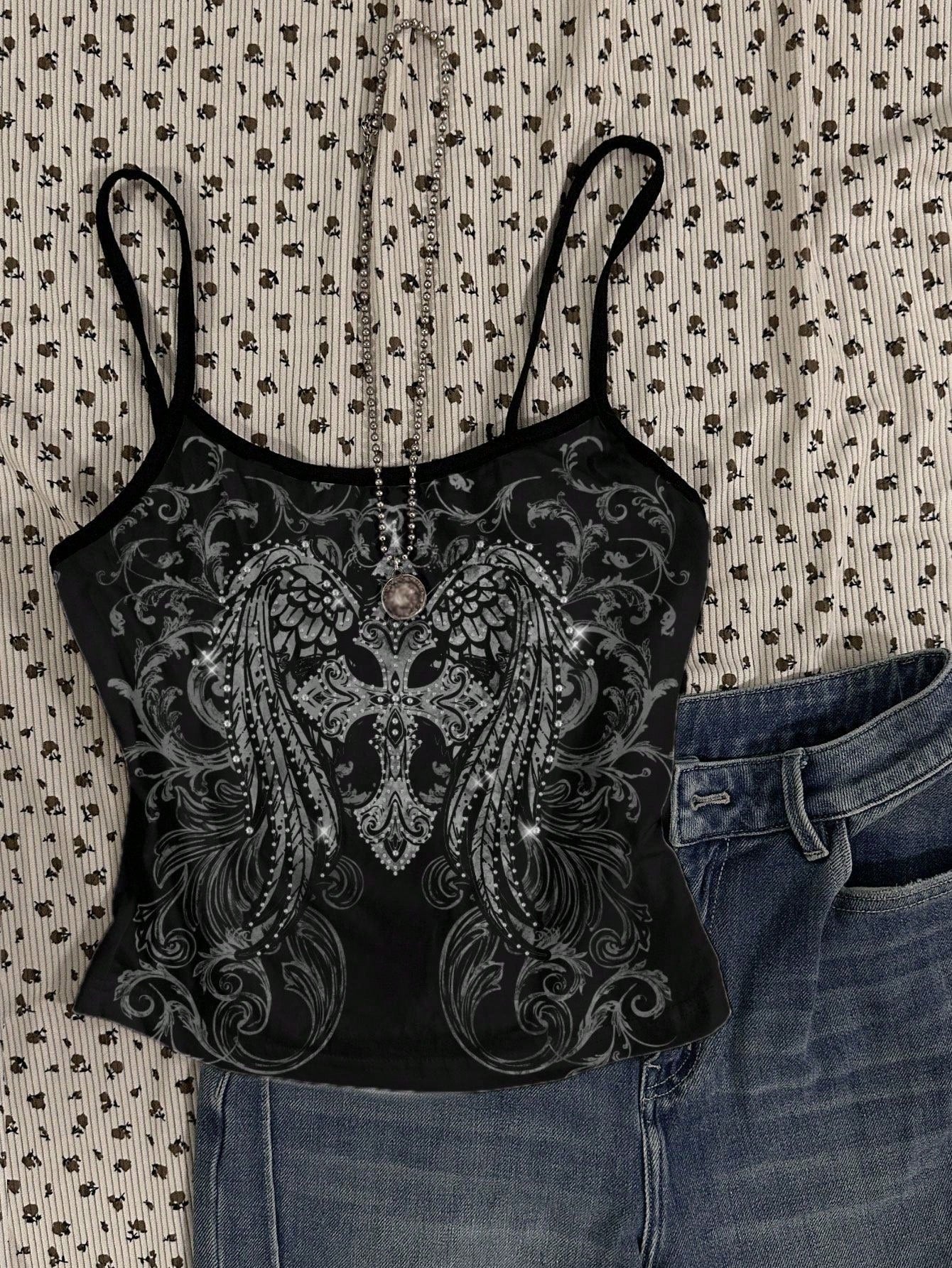 Attitoon Grunge Style Butterfly Cross Wings Skull Print Plus Size Camisole Top, Suitable For Music Festival, Halloween