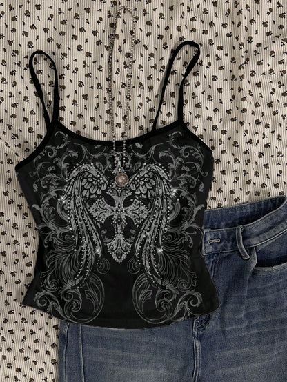 Attitoon Grunge Style Butterfly Cross Wings Skull Print Plus Size Camisole Top, Suitable For Music Festival, Halloween