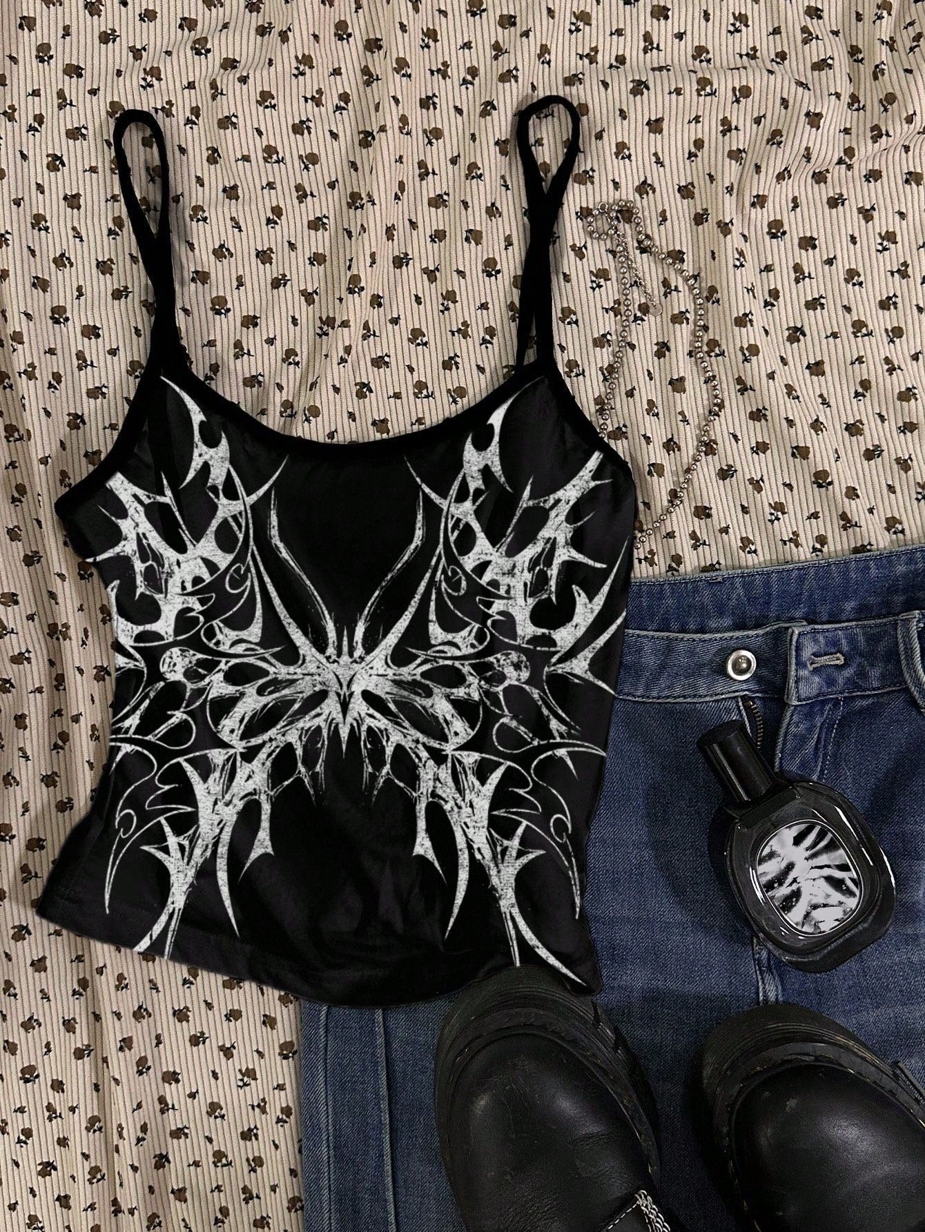 Attitoon Grunge Style Butterfly Cross Wings Skull Print Plus Size Camisole Top, Suitable For Music Festival, Halloween