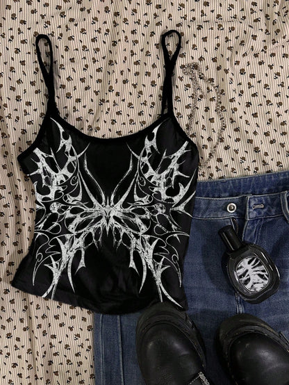 Attitoon Grunge Style Butterfly Cross Wings Skull Print Plus Size Camisole Top, Suitable For Music Festival, Halloween