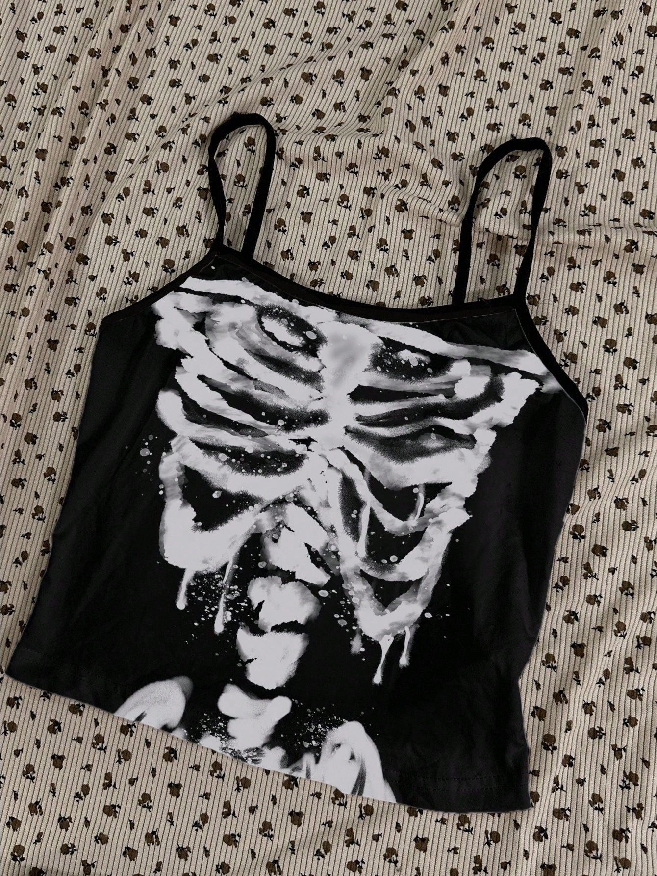 Attitoon Grunge Style Butterfly Cross Wings Skull Print Plus Size Camisole Top, Suitable For Music Festival, Halloween