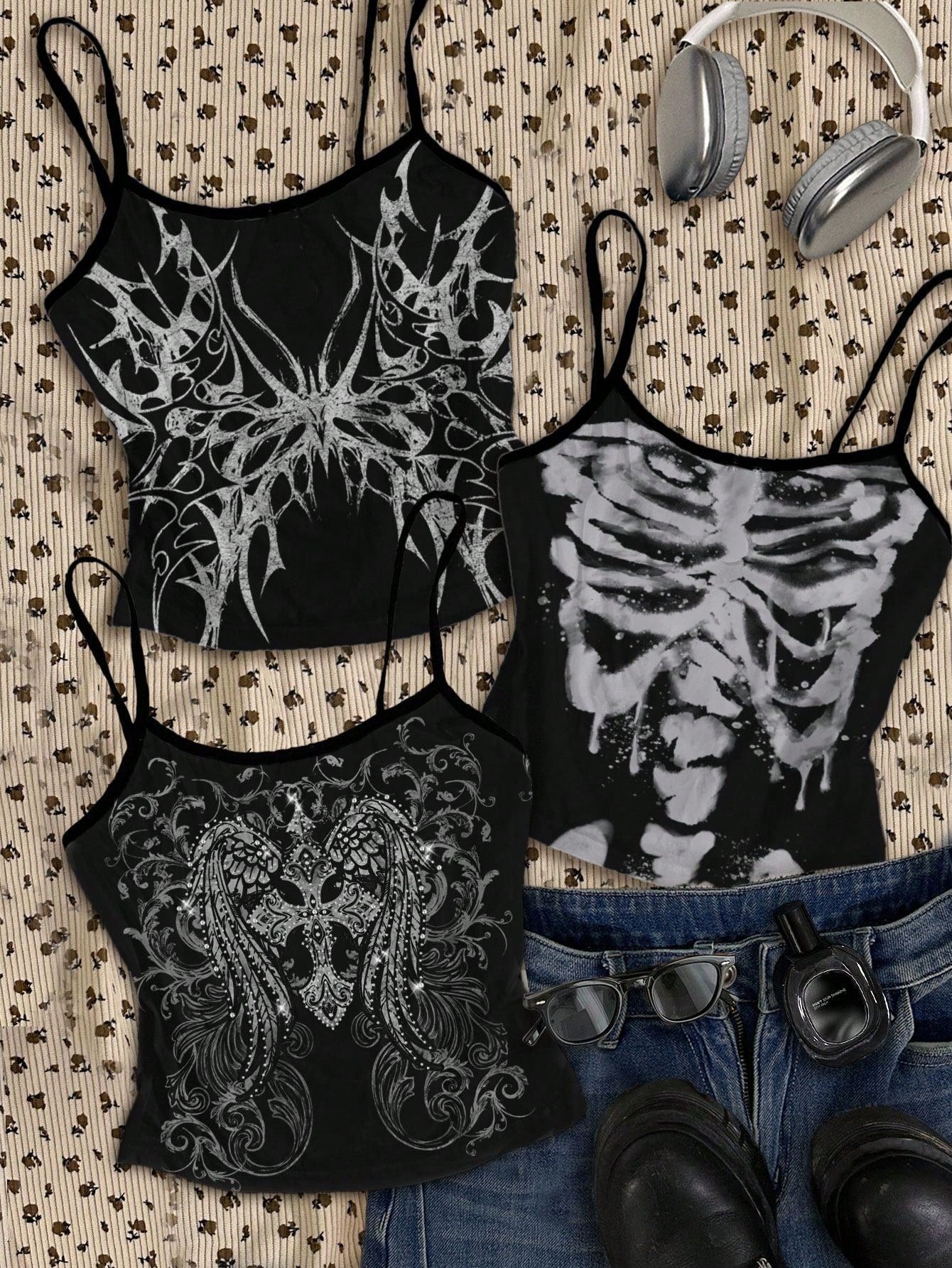 Attitoon Grunge Style Butterfly Cross Wings Skull Print Plus Size Camisole Top, Suitable For Music Festival, Halloween