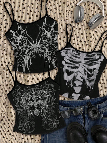 Attitoon Grunge Style Butterfly Cross Wings Skull Print Plus Size Camisole Top, Suitable For Music Festival, Halloween