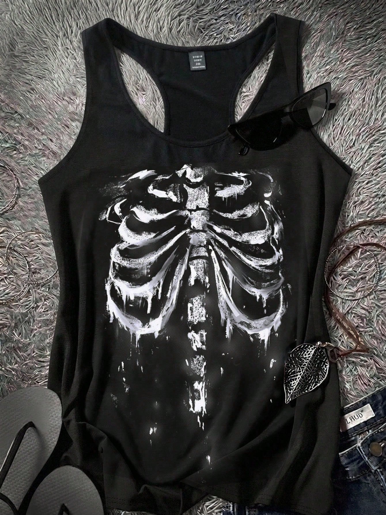 Attitoon Music Festival Skull Print Casual Minimal Camisole Tank Top For Plus Size, Summer Back To School
