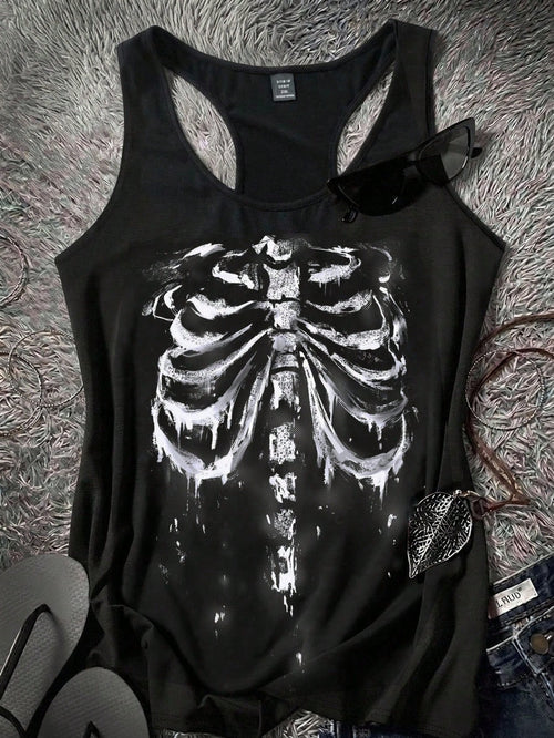 Attitoon Music Festival Skull Print Casual Minimal Camisole Tank Top For Plus Size, Summer Back To School