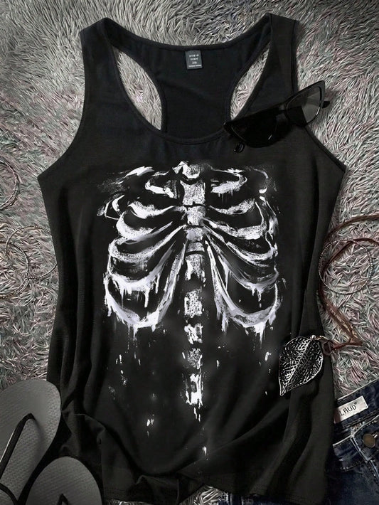Attitoon Music Festival Skull Print Casual Minimal Camisole Tank Top For Plus Size, Summer Back To School