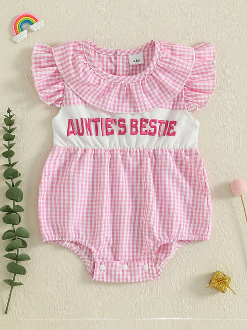 Aunties Bestie Baby Girl Clothes Aunt Saying Letter Embroidery Smocked Bubble Romper One-Piece Ruffle Plaid Bodysuit