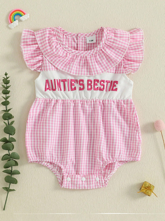 Aunties Bestie Baby Girl Clothes Aunt Saying Letter Embroidery Smocked Bubble Romper One-Piece Ruffle Plaid Bodysuit