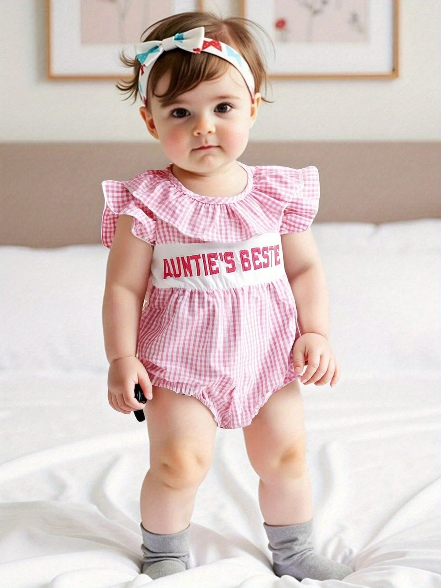 Aunties Bestie Baby Girl Clothes Aunt Saying Letter Embroidery Smocked Bubble Romper One-Piece Ruffle Plaid Bodysuit