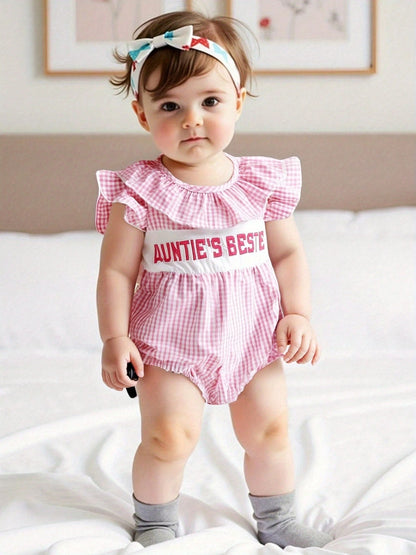 Aunties Bestie Baby Girl Clothes Aunt Saying Letter Embroidery Smocked Bubble Romper One-Piece Ruffle Plaid Bodysuit